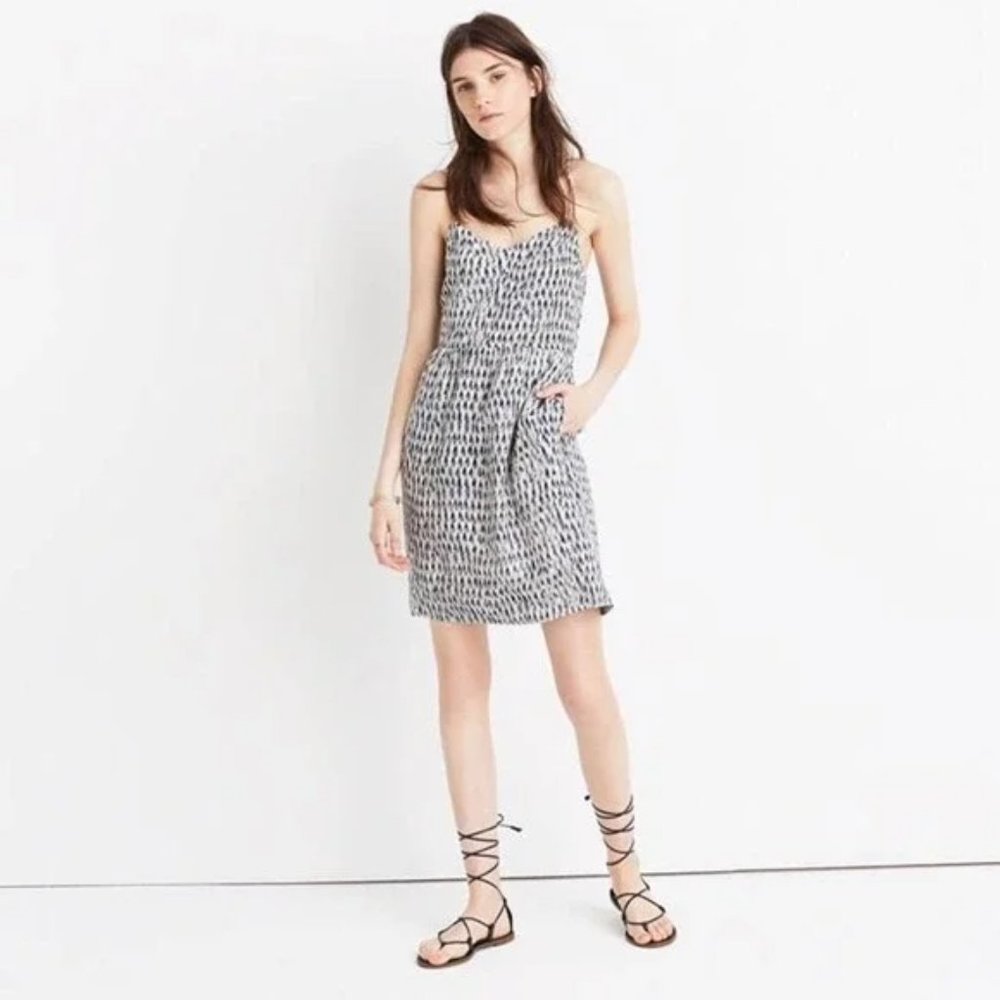 Madewell Sunlight Silk Gray Navy Brushstroke Feathers Cami Slip Dress